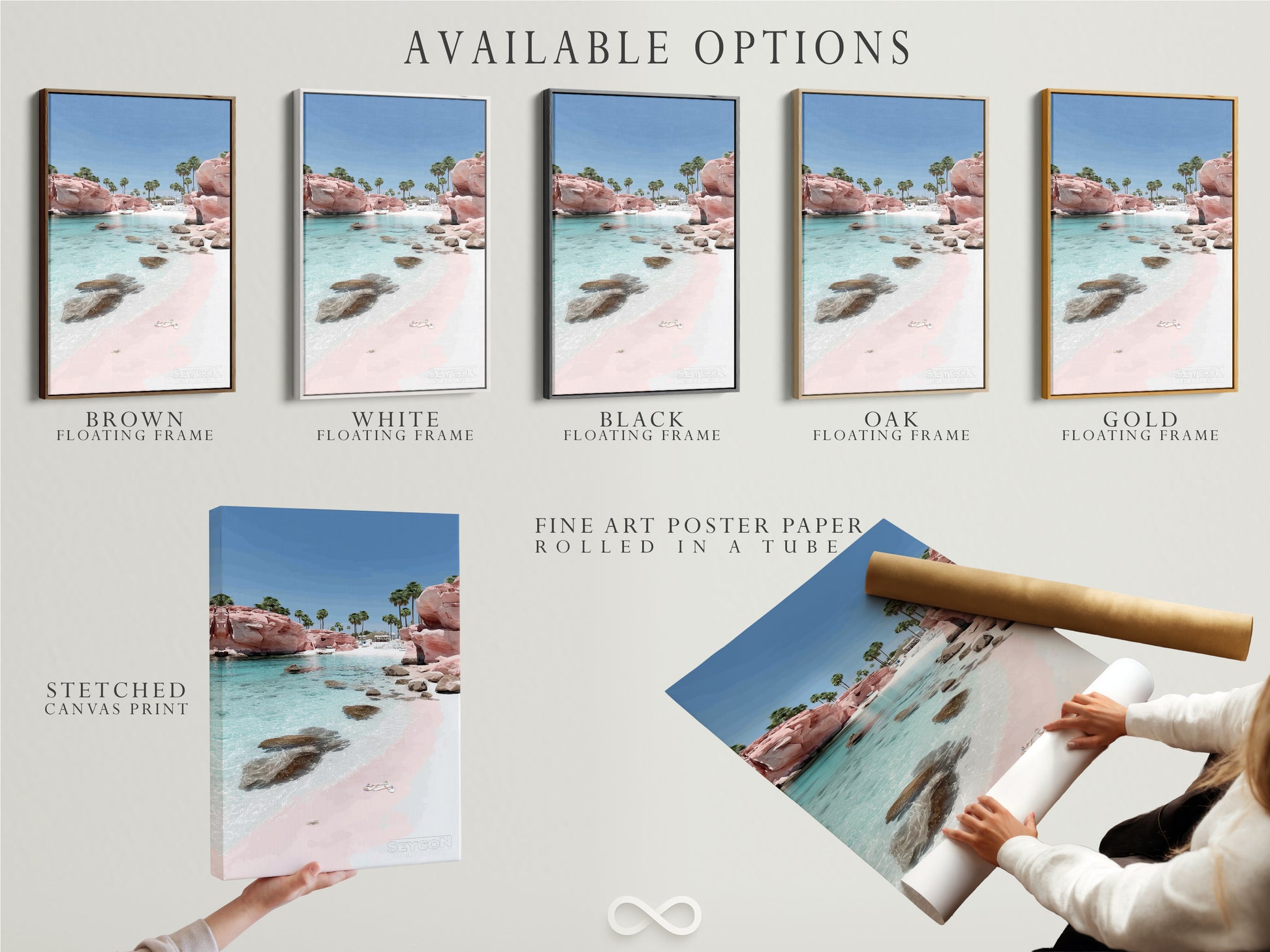 Explore available options for the Pink Sand Beach artwork. Choose from a stretched canvas print a fine art poster paper or a floating frame. Customize your coastal art to match your style.