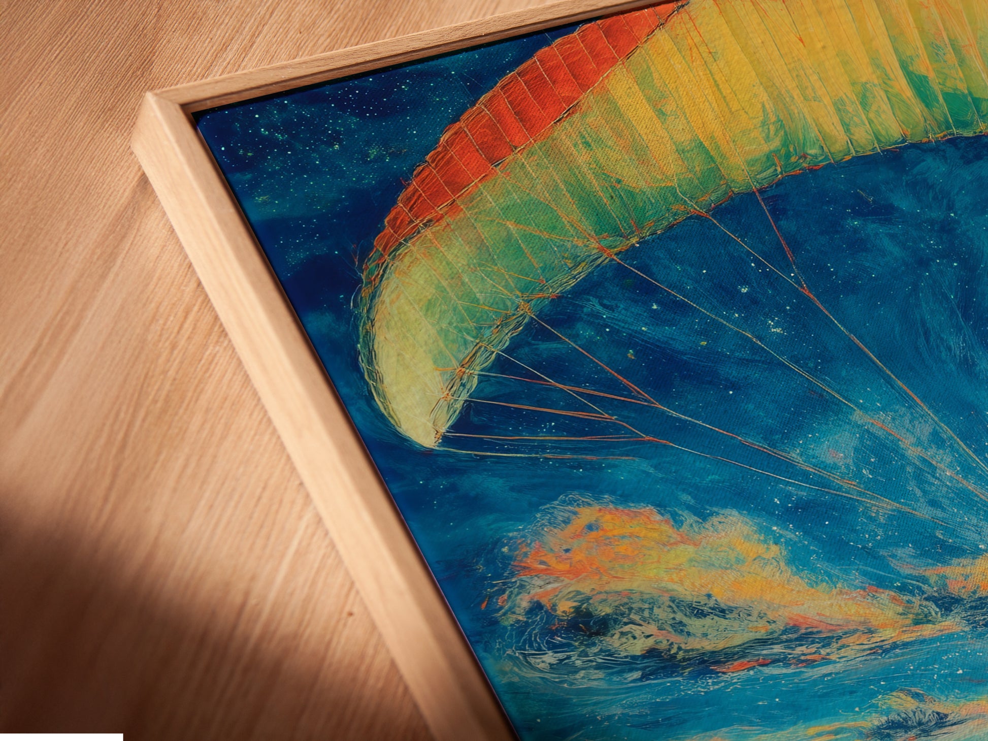 A close-up angled view reveals a canvas print in a floating frame. The chess skydiving artwork features a surreal chessboard landscape. This modern wall art piece is perfect for adding depth and interest to any room's decor.