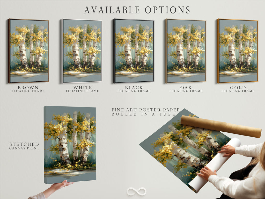 Available options include a stretched canvas print a fine art poster paper and a floating frame. Choose the perfect option for your birch tree artwork. Perfect for living room wall art or office decor.