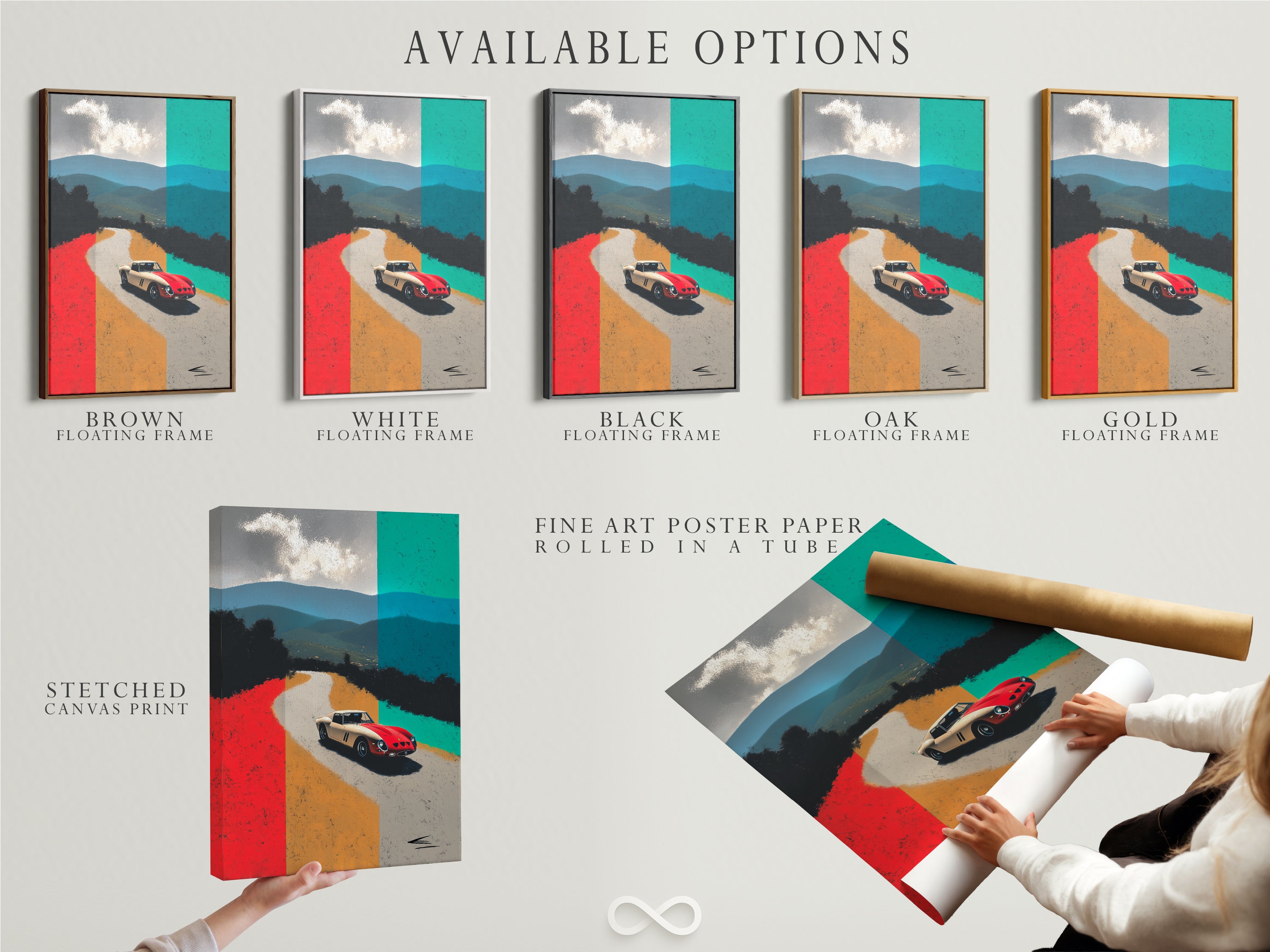 Available options for the sports car artwork. Options include stretched canvas print fine art poster paper and floating frame. Customize your artwork to match your style. Perfect for car enthusiasts and collectors. Select the option today