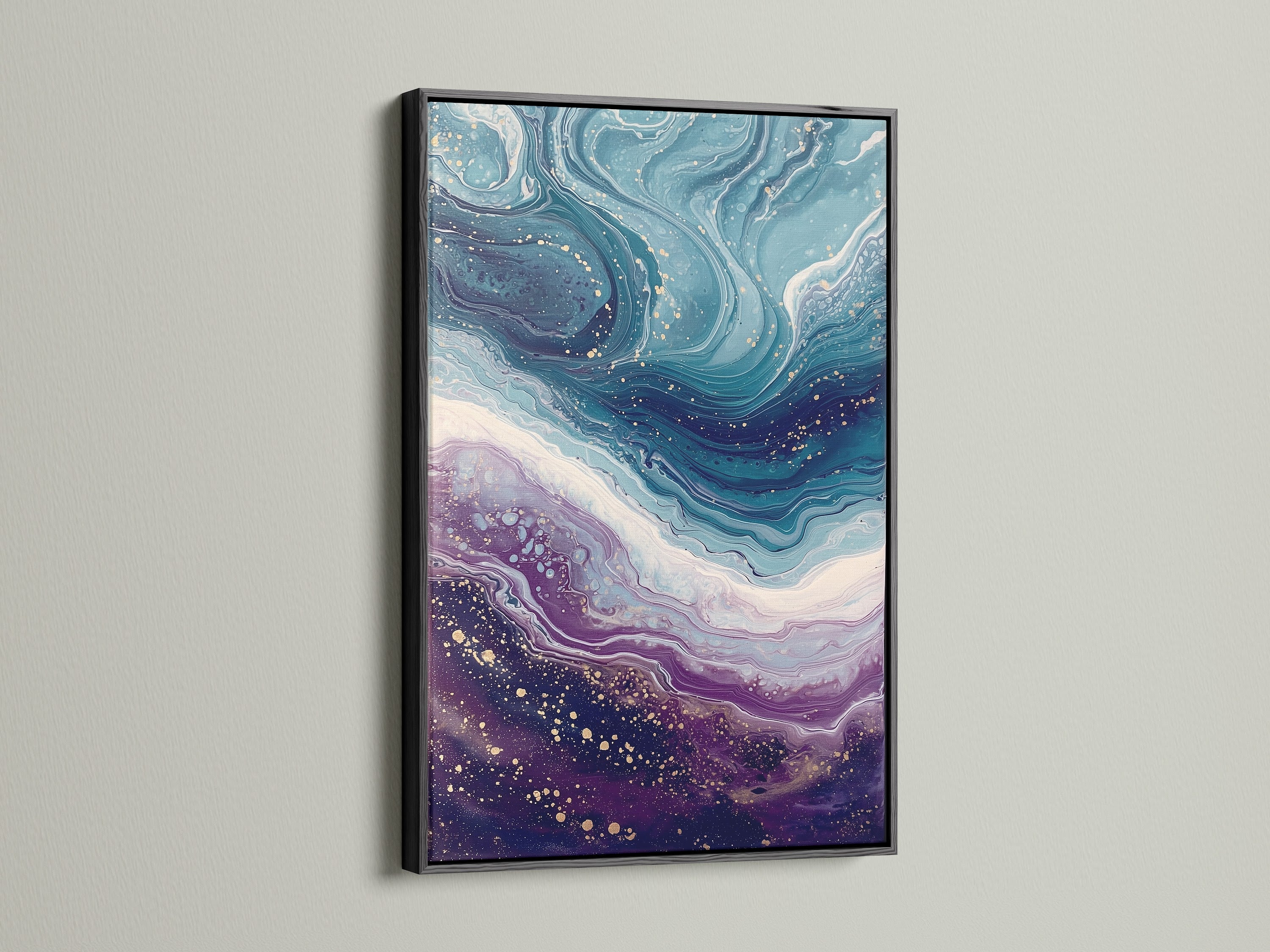 Abstract Ocean Wave canvas print in a sleek black frame. The artwork features stunning teal and purple fluid art. This contemporary piece adds a touch of modern elegance to coastal decor. Perfect for creating a sophisticated bedroom wall art display. Explore this unique ocean wave print today