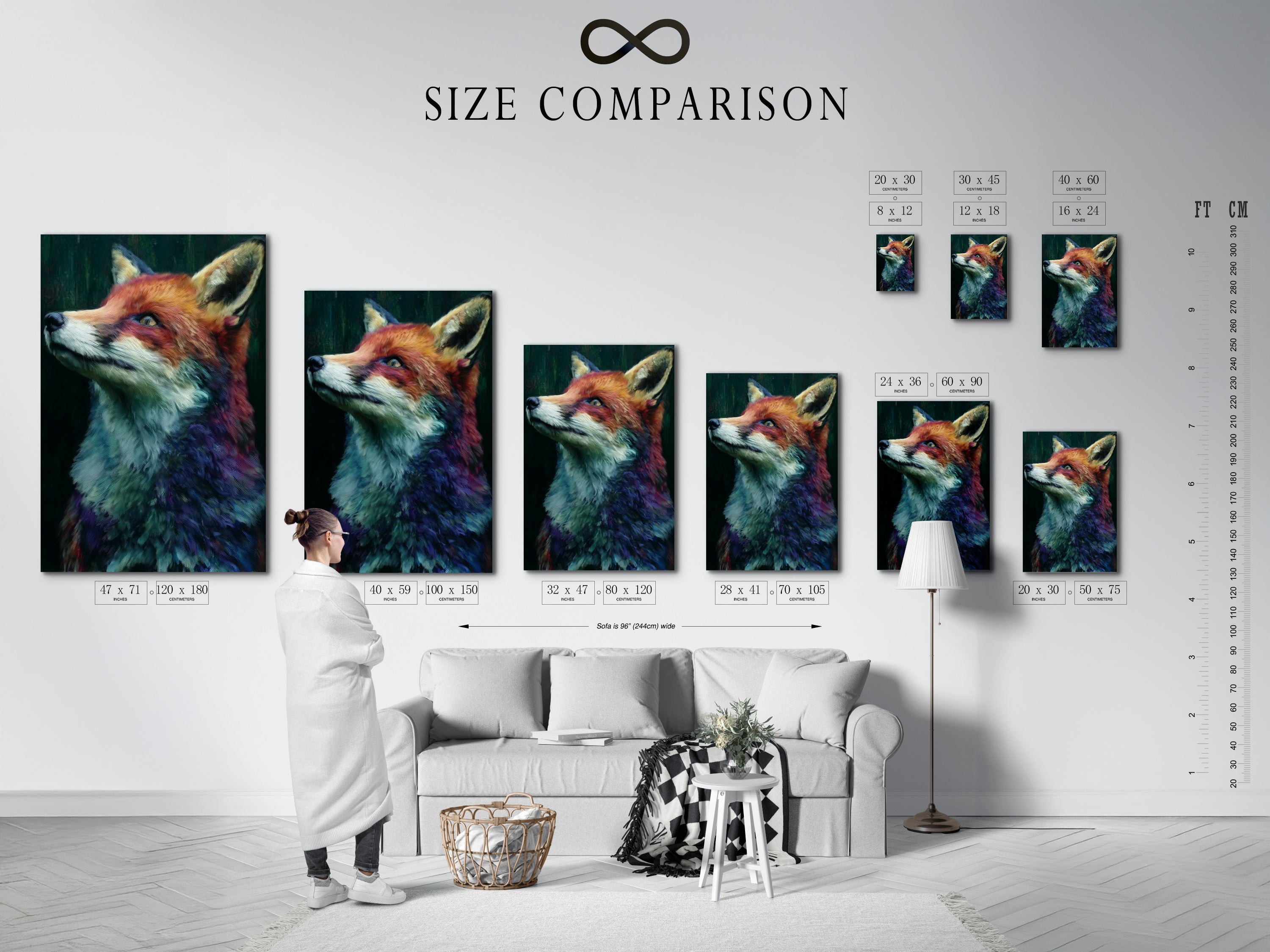 Size comparison chart of a fox portrait canvas artwork in an interior setting. Visualize how this modern animal artwork will look in your space. Various sizes are available to perfectly fit your wall decor needs.