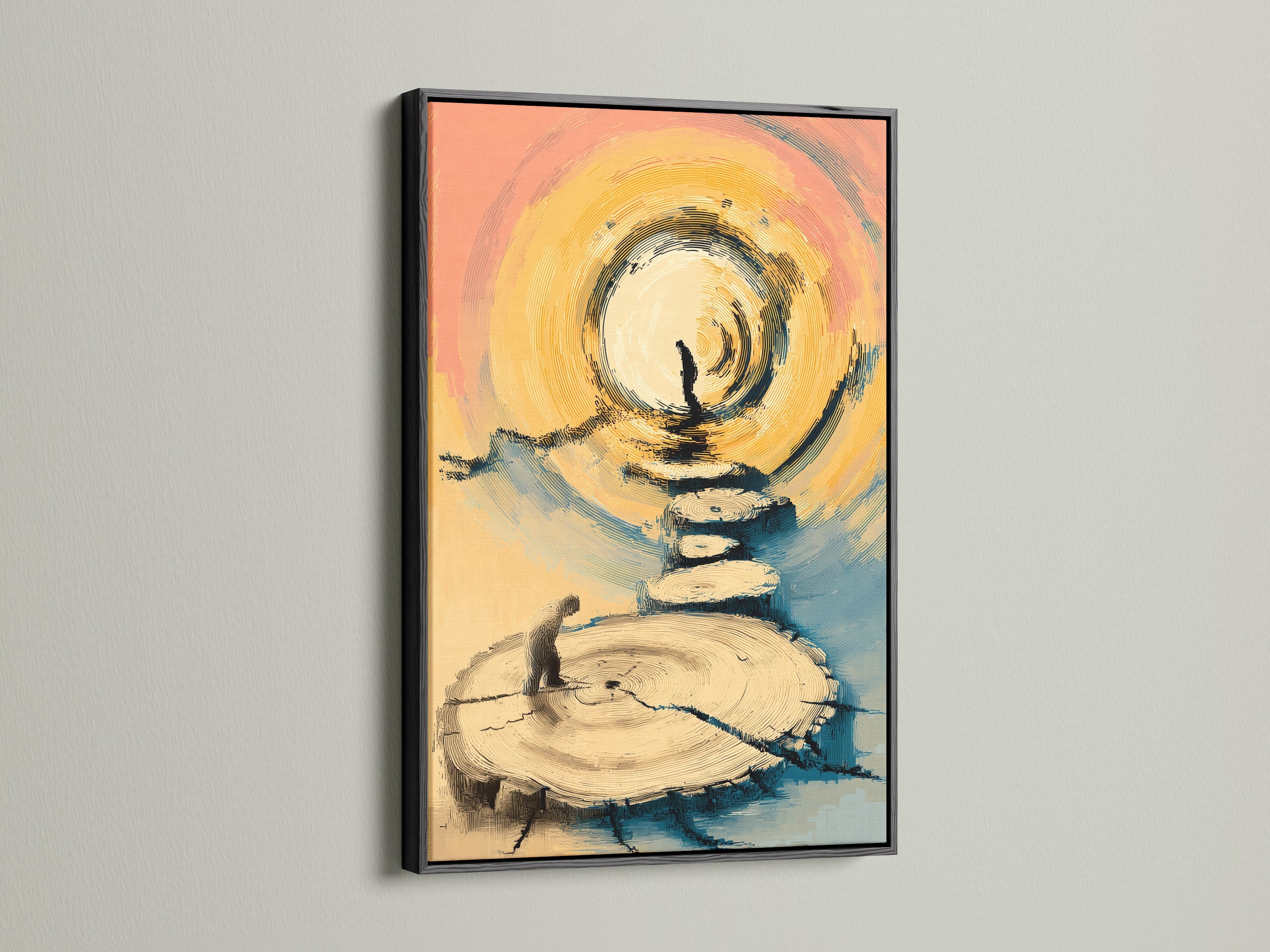 A classic black frame is presented. This frame provides a bold contrast. It draws the eye to the zen stone stack artwork. It's well-suited for contemporary or minimalist art. Enhance your balance art or spiritual wall art today.
