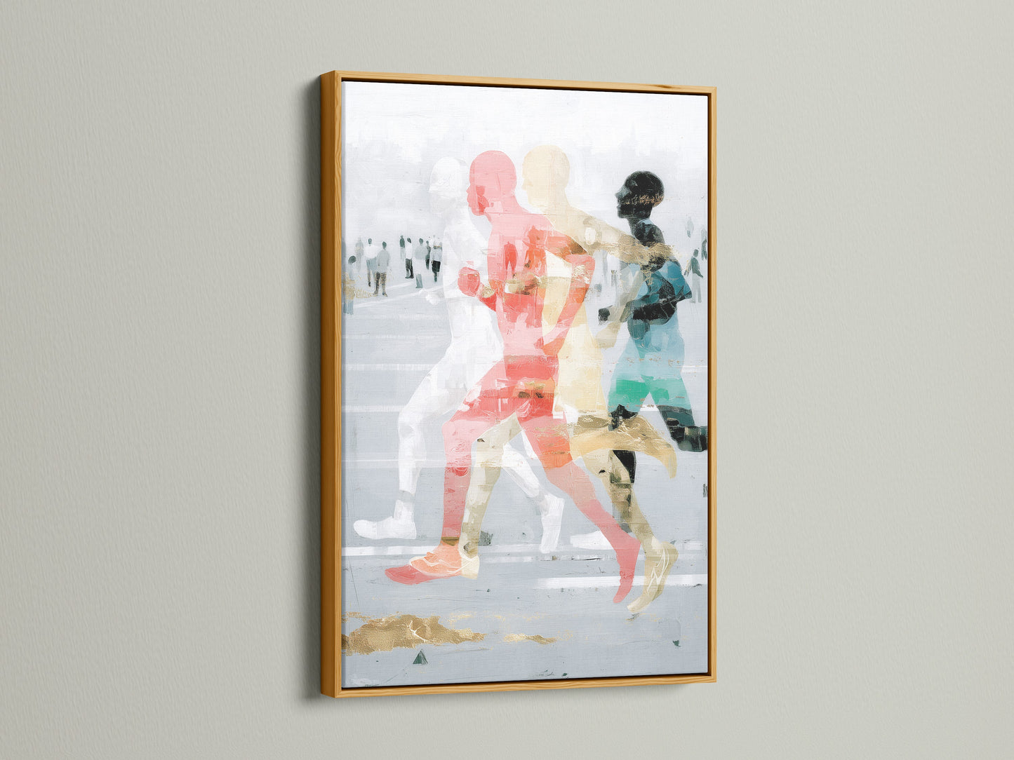 Abstract Runners Art Print with a gold frame. This contemporary canvas print elevates any living space. The abstract figures in motion create a dynamic sports wall decor. The coral and teal tones make it perfect for modern wall art. Enhance your office or home.