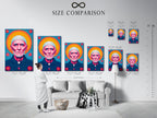 A size comparison chart in an interior setting showcases the priest portrait. It helps visualize the scale of the religious art. This allows you to choose the perfect size for your church decor. The chart provides a clear understanding. It helps ensure the artwork fits seamlessly into your space.