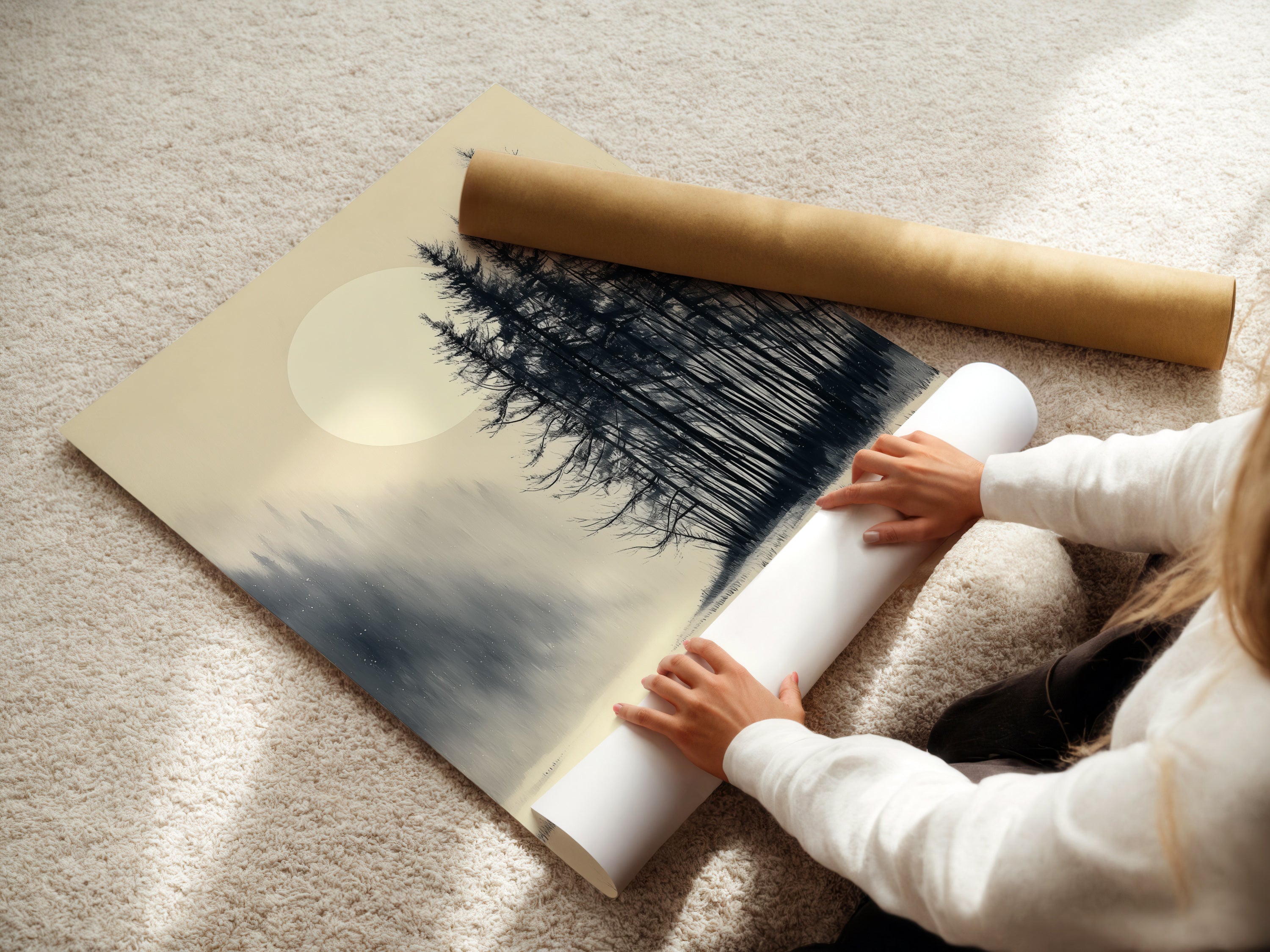 A woman is carefully rolling a fine art poster paper. She is preparing the Japanese ink wash wall art for framing. This crane print will soon become a stunning piece of decor. Perfect for adding a touch of Asian inspired elegance to your home or office. High quality materials ensure lasting beauty.