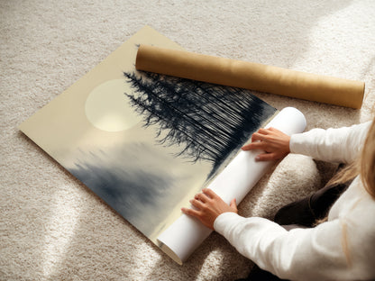 A woman is carefully rolling a fine art poster paper. She is preparing the Japanese ink wash wall art for framing. This crane print will soon become a stunning piece of decor. Perfect for adding a touch of Asian inspired elegance to your home or office. High quality materials ensure lasting beauty.