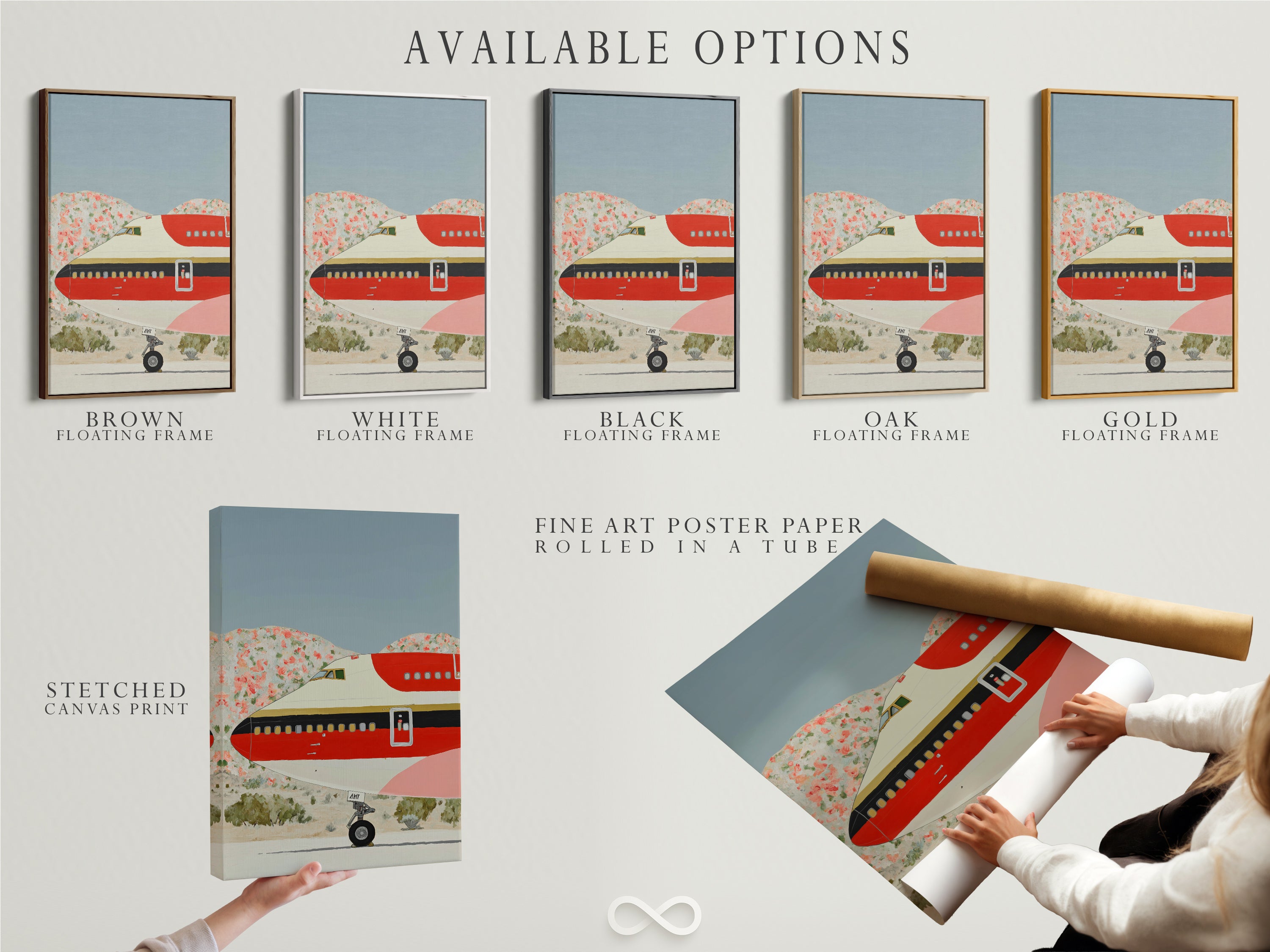 Available options for vintage airplane art are showcased. Choose from stretched canvas prints. Fine art poster paper and floating frames are available. Retro aviation art in various formats. Customize your mid century print today.