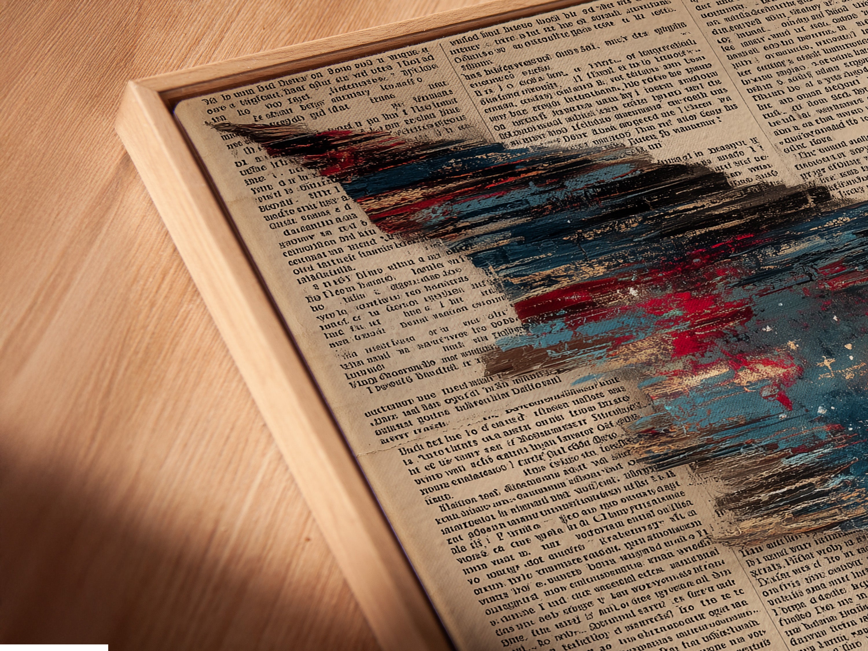 Close-up of a canvas print in a floating frame. The surreal artwork seems to float. The cosmic sky art print is unique. It adds a modern touch to a vintage concept. Perfect for office decor or a book lover's space. See the details of this unique print