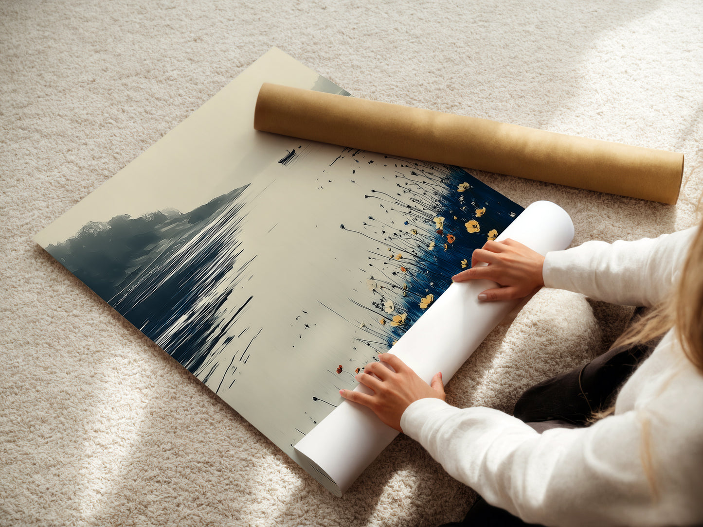 A woman carefully rolling a fine art poster paper featuring coastal artwork. The serene lake art highlights a peaceful landscape with blue and beige hues. This nature print complements minimalist coastal and farmhouse styles. Ideal for those seeking refined modern wall decor to enhance their home art collection.