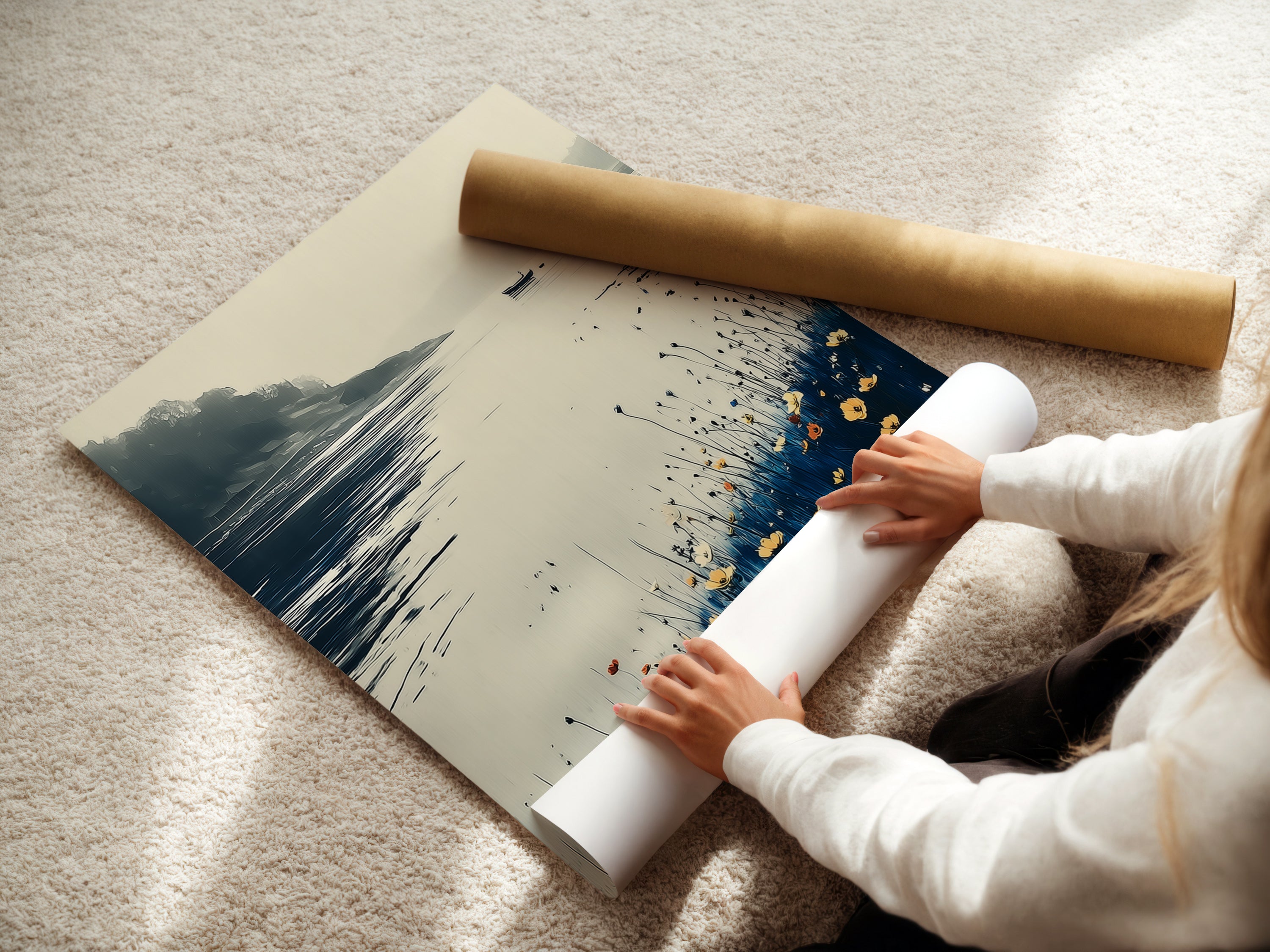 A woman carefully rolling a fine art poster paper featuring coastal artwork. The serene lake art highlights a peaceful landscape with blue and beige hues. This nature print complements minimalist coastal and farmhouse styles. Ideal for those seeking refined modern wall decor to enhance their home art collection.