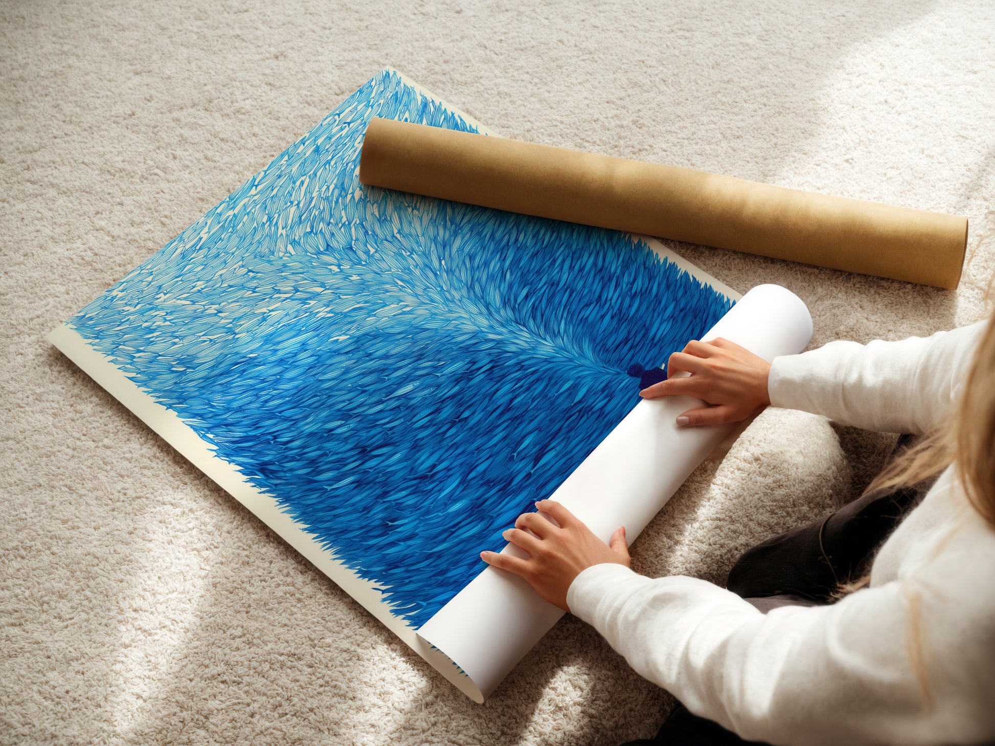 A woman is carefully rolling a fine art poster paper. The image shows the care taken in handling the musical artwork. The indigo blue art print is ready for framing or display. Perfect for musicians and art collectors seeking unique decor.
