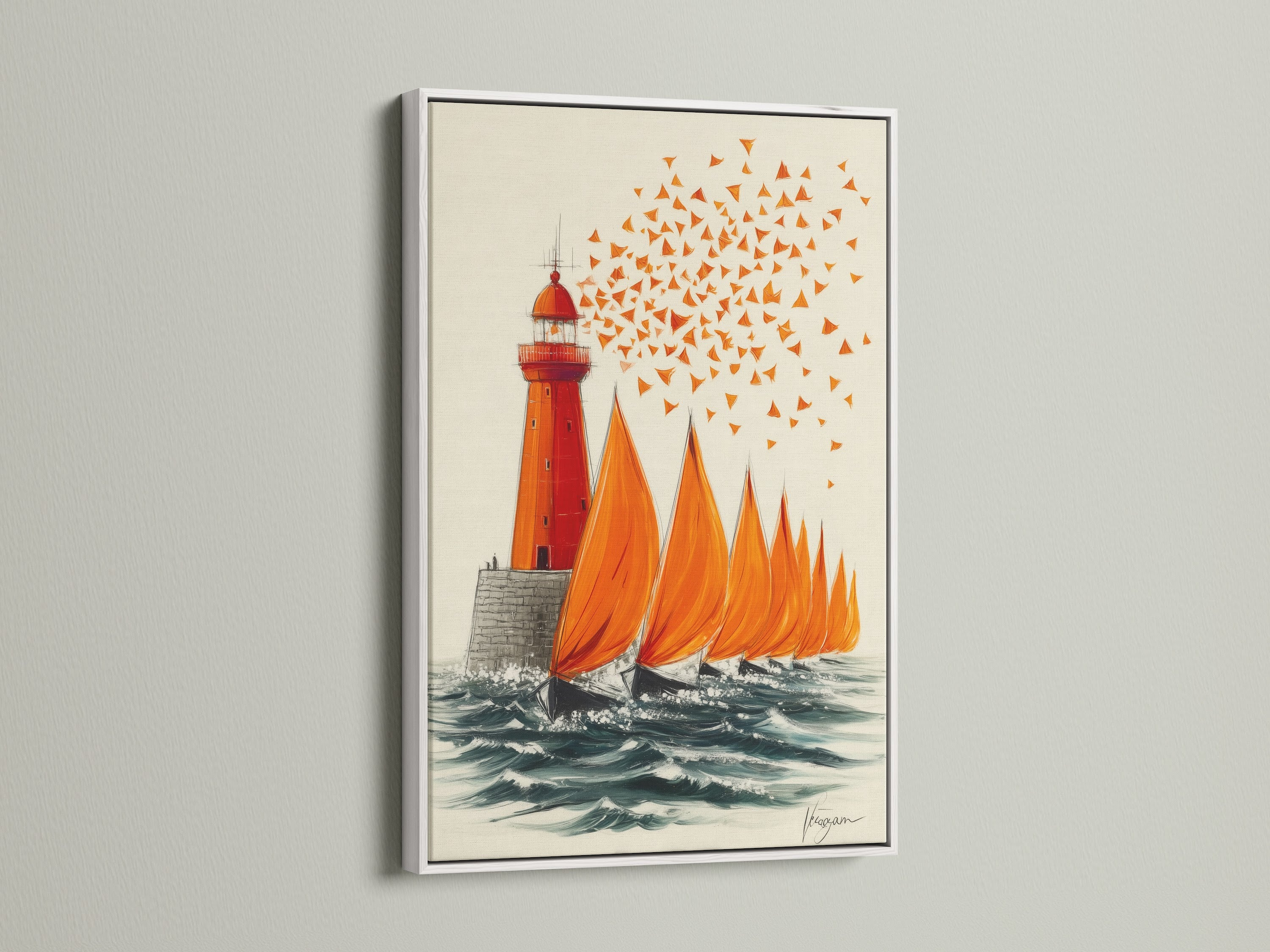 Lighthouse and sailboats artwork in a white frame. The coastal wall art offers a fresh clean look. Ideal for minimalist and contemporary interiors. A serene seascape artwork to brighten your living space. Add a nautical touch to your home.
