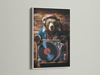 A white frame showcases a bear DJ art print. The artwork features a bear wearing headphones and sunglasses. The bear is set against a wooden background. The white frame adds a clean touch. Bring musical charm to your space with this unique piece.