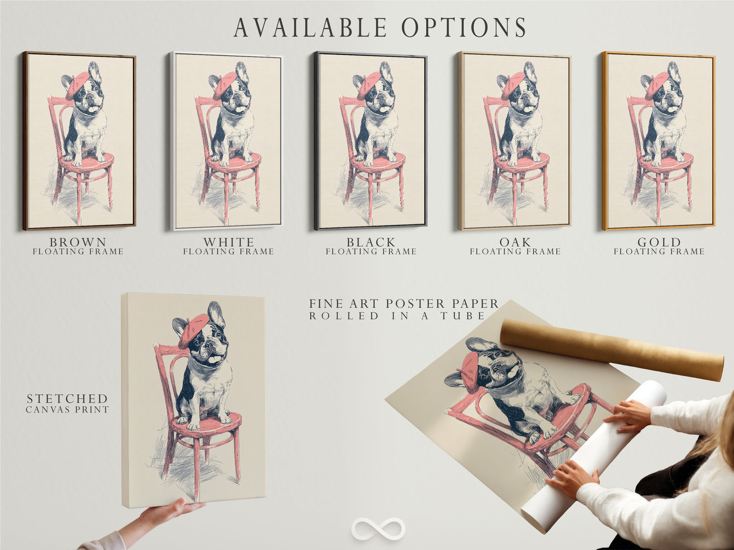 Available options for the French Bulldog art print. Choose from a stretched canvas print fine art poster. Also available with a floating frame. Options to suit any style and budget. Customize your artwork to match your decor.