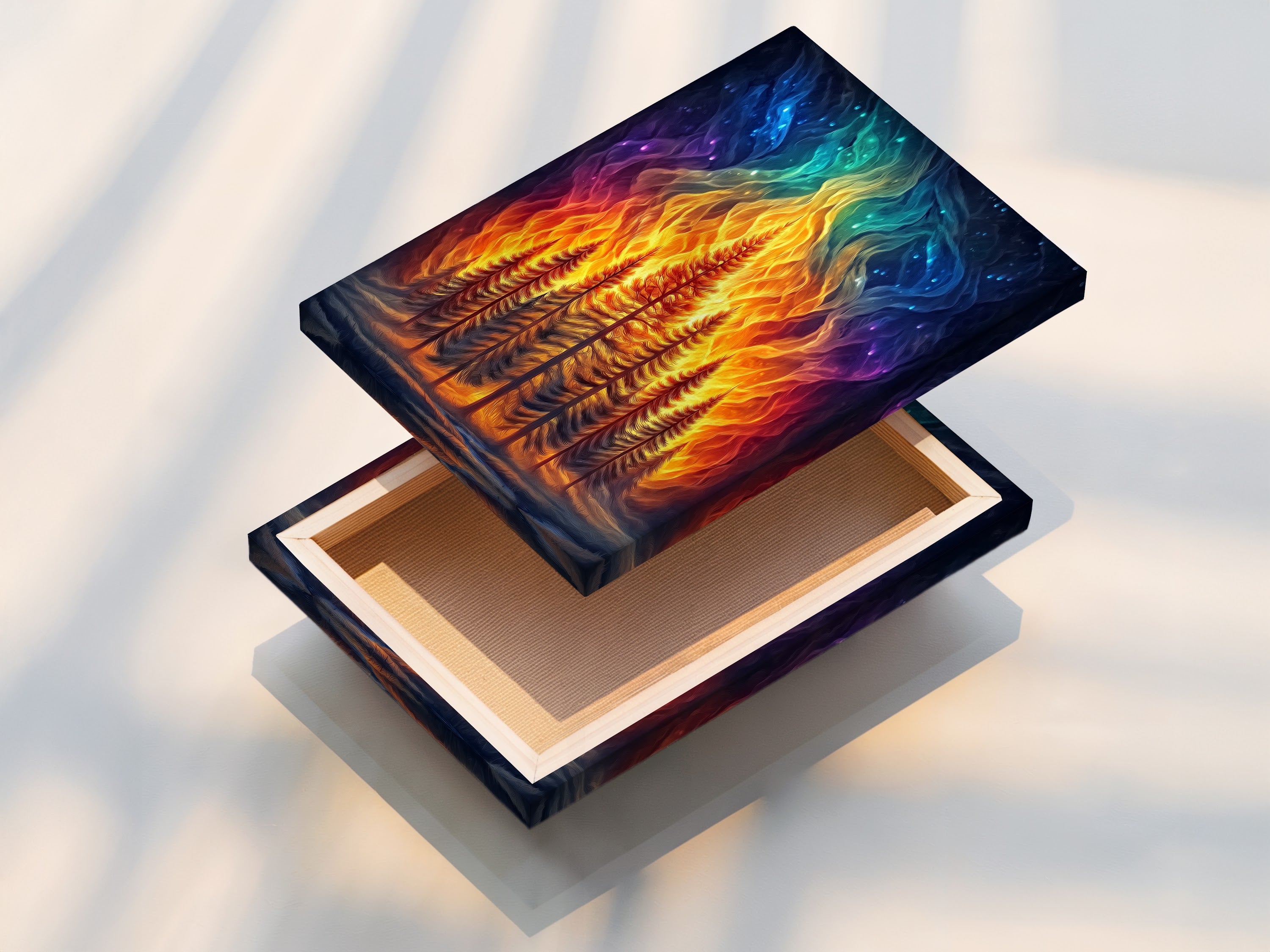 A stretched canvas print of the Aurora Forest. This fantasy landscape wall art is ready to hang. The colorful celestial tree artwork brings life to any room. Perfect for adding a touch of nature. The vibrant art print enhances your home decor.