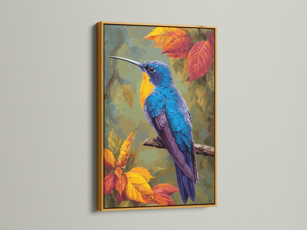 A luxurious gold frame showcases a beautiful bird art print. The artwork features a vibrant hummingbird. The gold frame adds a touch of glamour and elegance. The frame enhances the artwork's richness. Elevate your home decor with this opulent framed artwork.