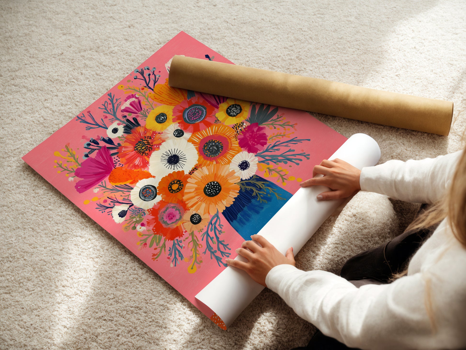 A woman is carefully rolling a fine art poster paper. The paper is high quality and ready for framing. This ensures that the artwork is handled with care. Protect and preserve your artwork with our fine art poster paper. Perfect for any art enthusiast.