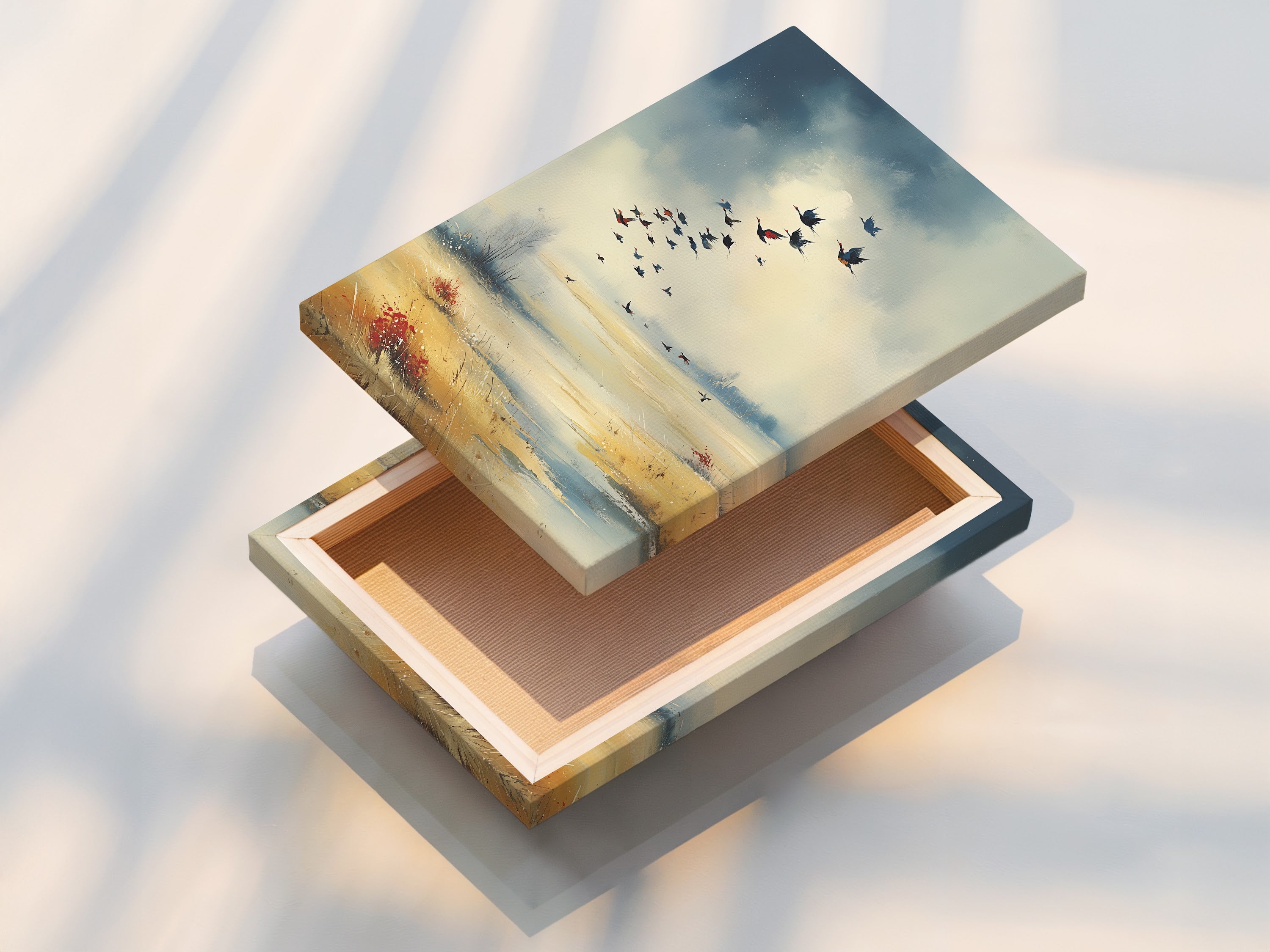 Stretched canvas print of the Birds in Flight artwork. This ready-to-hang option simplifies your decor process. The stretched canvas enhances the rustic nature artwork. Perfect for creating a gallery-like feel in your living space. Enjoy this autumn landscape with ease.