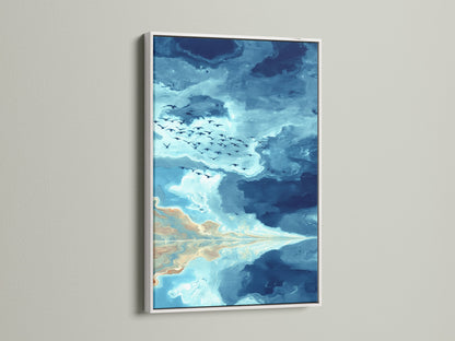 White frame highlights an ocean view print. The artwork features a teal sky and birds. This calming art complements coastal decor. Perfect for adding serene wall art to bedrooms. See how this abstract artwork elevates eclectic styles.