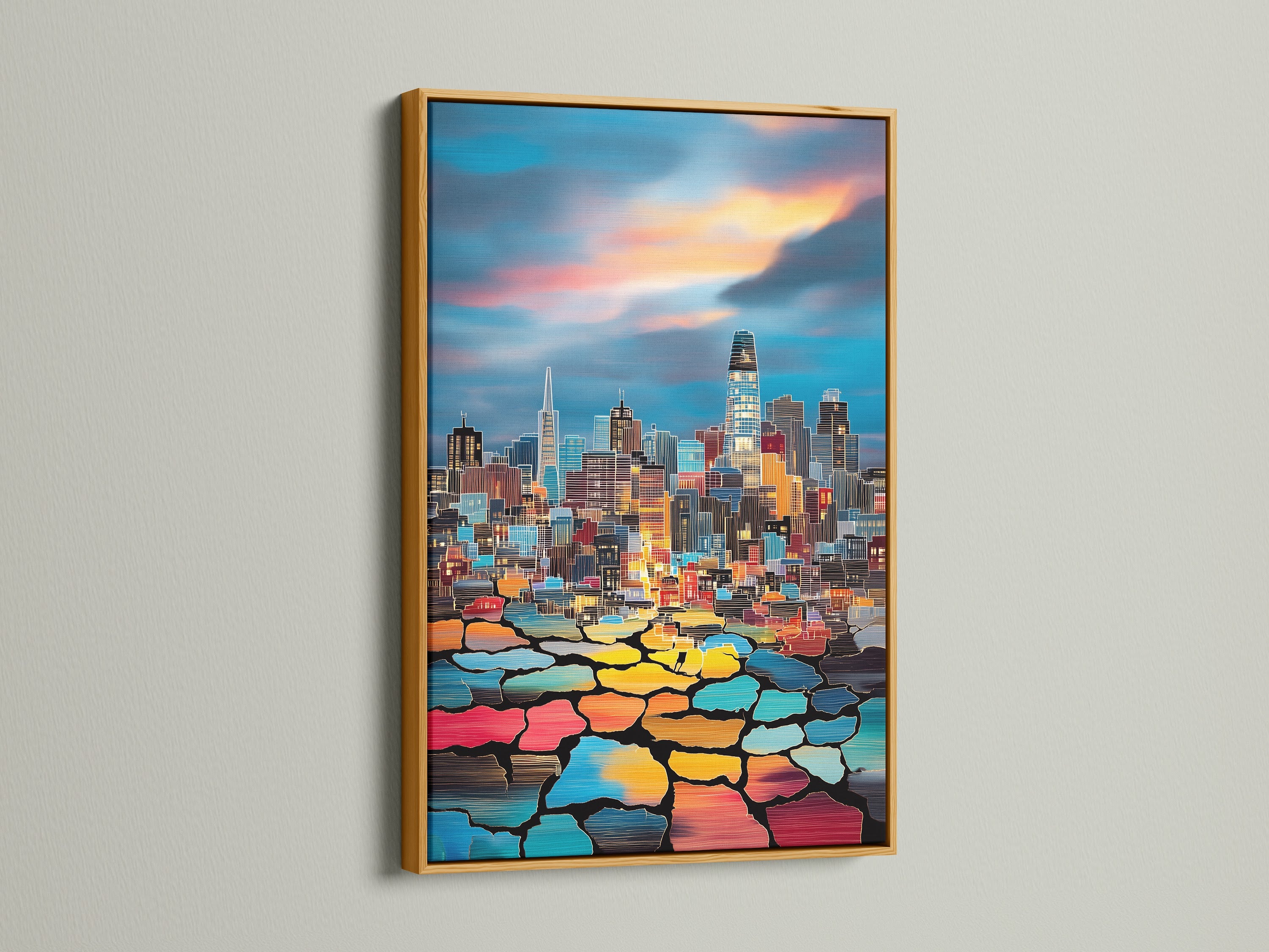 A gold frame surrounds this vibrant cityscape artwork. The gold frame adds a touch of luxury to this modern art piece. Enhance your wall decor with this sophisticated artwork.
