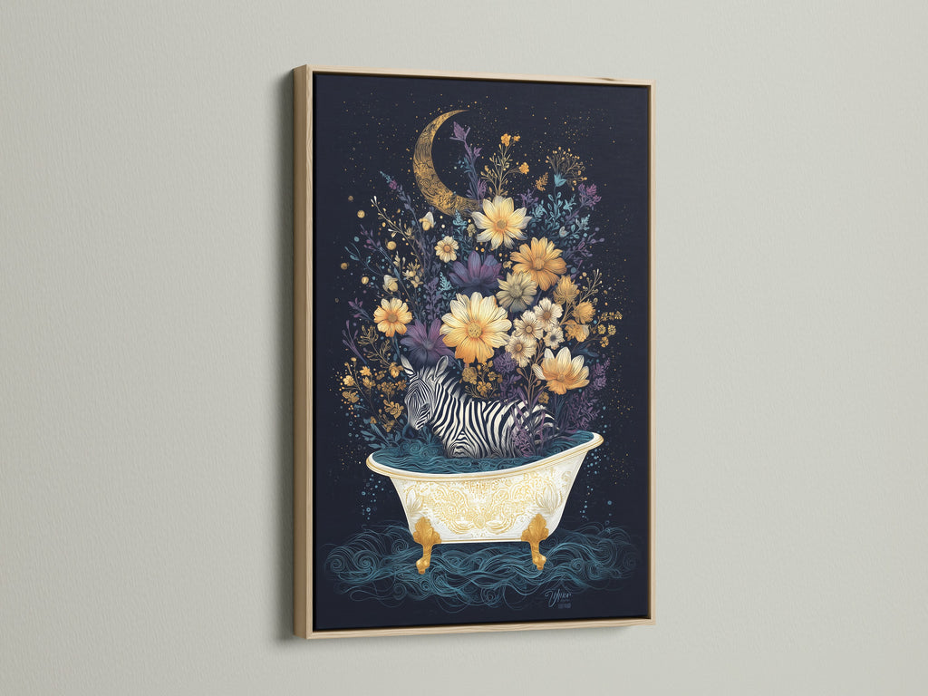This is a close up of the zebra in bathtub art. The artwork features a zebra in a bathtub filled with water. Flowers and a moon decorate the whimsical animal artwork. The artwork is framed in an oak frame. Add a touch of charm to your bathroom wall decor.