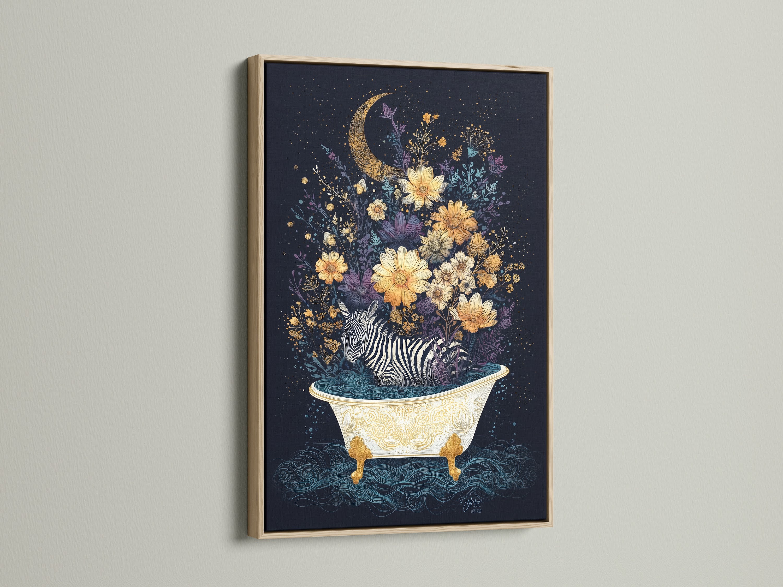 This is a close up of the zebra in bathtub art. The artwork features a zebra in a bathtub filled with water. Flowers and a moon decorate the whimsical animal artwork. The artwork is framed in an oak frame. Add a touch of charm to your bathroom wall decor.