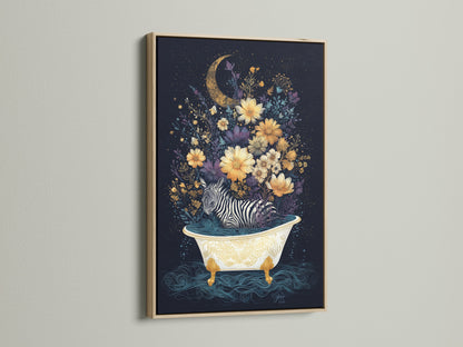 This is a close up of the zebra in bathtub art. The artwork features a zebra in a bathtub filled with water. Flowers and a moon decorate the whimsical animal artwork. The artwork is framed in an oak frame. Add a touch of charm to your bathroom wall decor.
