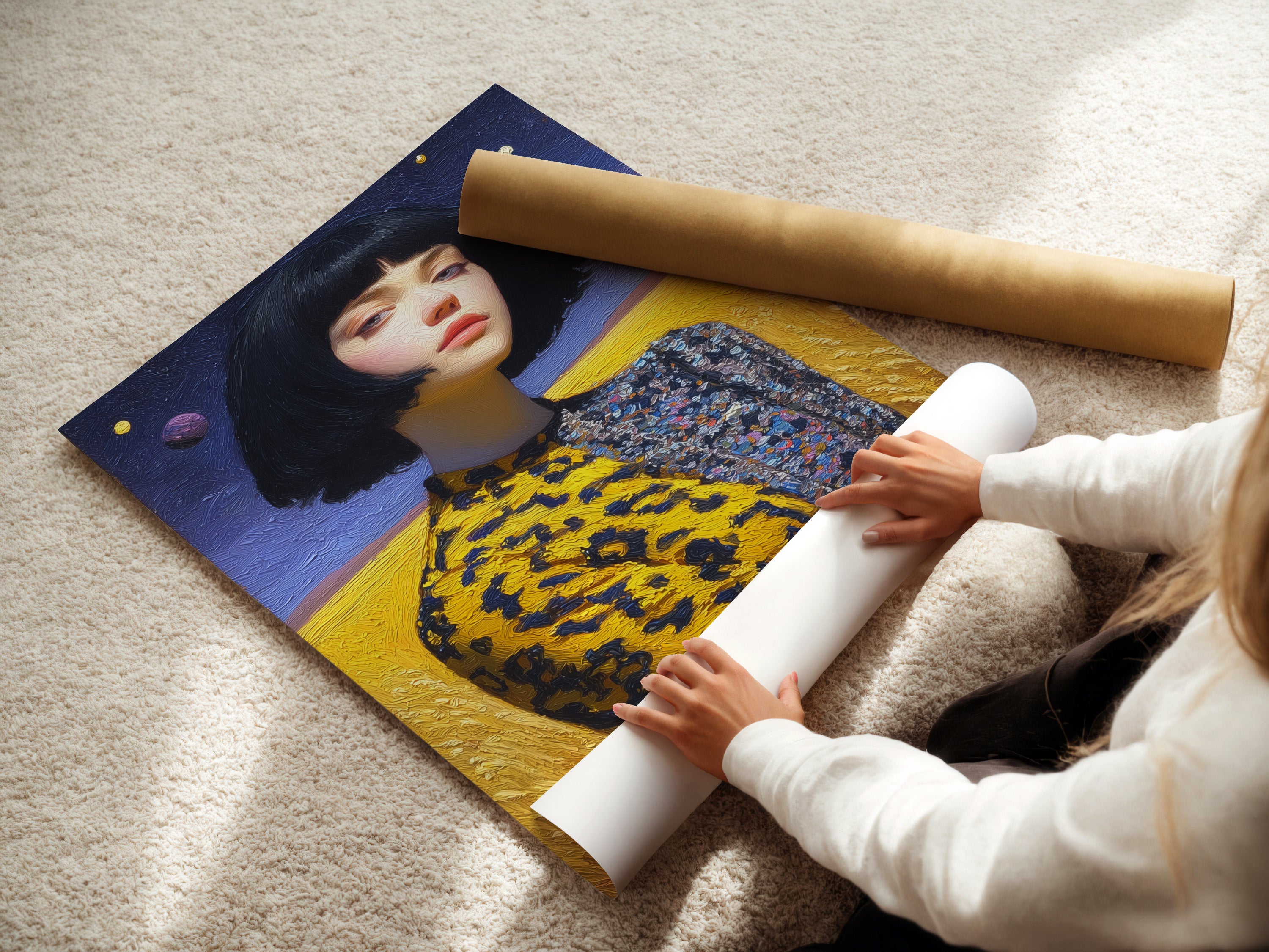 A woman is carefully rolling a fine art poster paper. The paper features a surreal portrait artwork. It depicts a woman with a bob haircut. This high-quality poster paper ensures vibrant colors. It preserves the artwork's details.