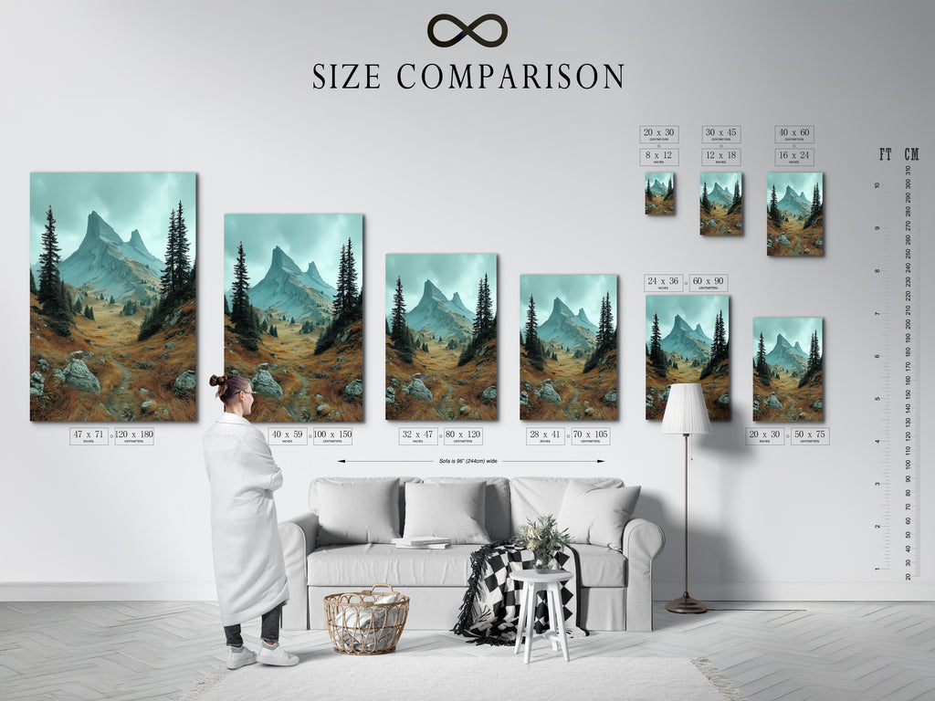 Size comparison chart in an interior setting. It showcases various dimensions for mountain landscape artwork. This guide helps visualize the scale of nature prints. See how different sizes fit your space. Perfect for planning your alpine landscape wall art.