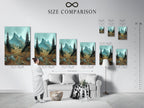 Size comparison chart in an interior setting. It showcases various dimensions for mountain landscape artwork. This guide helps visualize the scale of nature prints. See how different sizes fit your space. Perfect for planning your alpine landscape wall art.
