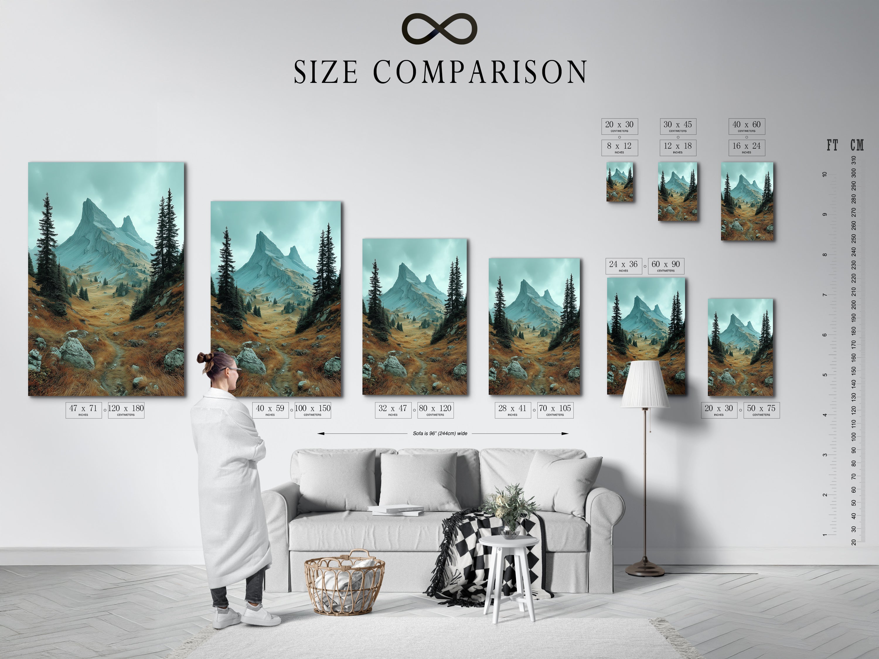 Size comparison chart in an interior setting. It showcases various dimensions for mountain landscape artwork. This guide helps visualize the scale of nature prints. See how different sizes fit your space. Perfect for planning your alpine landscape wall art.