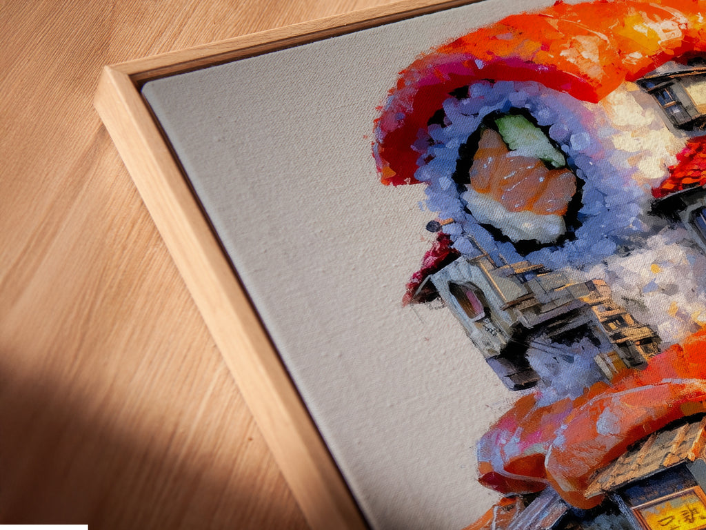 Angled close up of a canvas print in floating frame. The whimsical Japanese food artwork adds an artistic touch to your space. The floating frame enhances the artwork. It is perfect for eatery wall decor.
