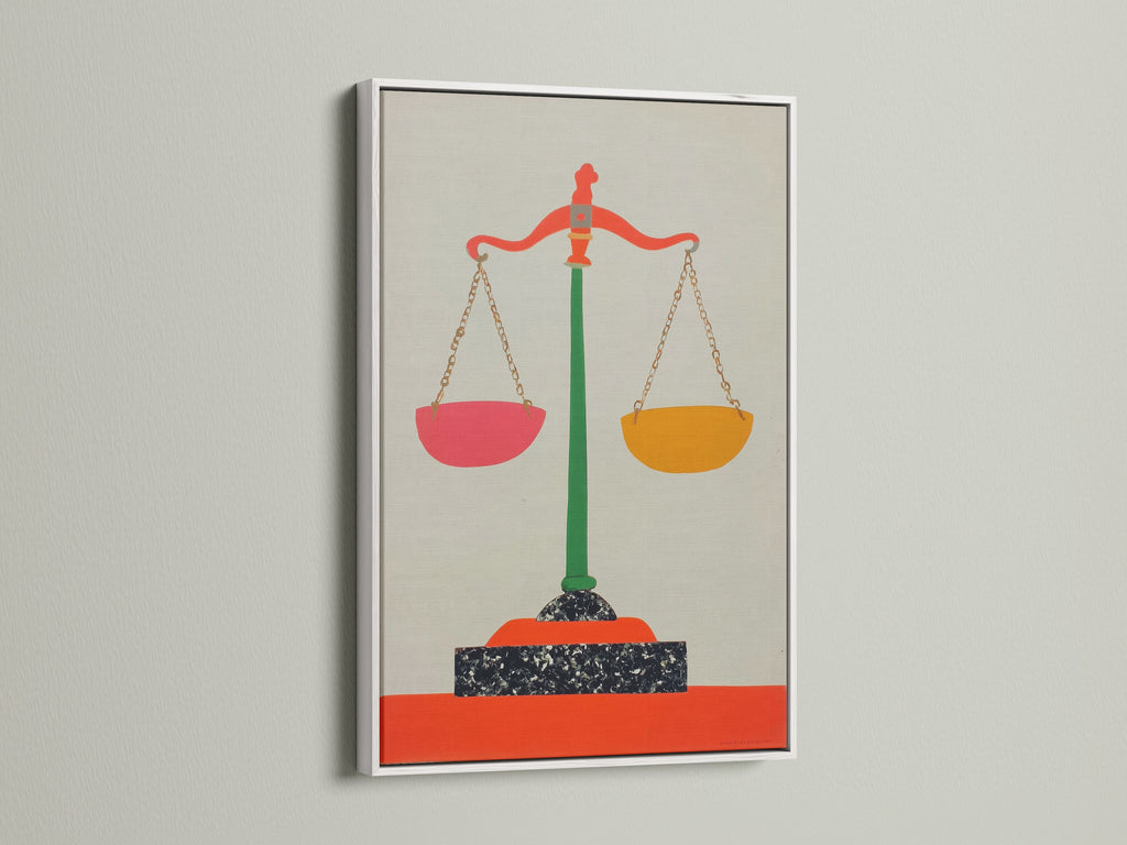 Justice Scales art in a white frame. The white frame creates a clean and modern look. This legal wall art is perfect for an attorney's study room. It adds a touch of sophistication to any space.