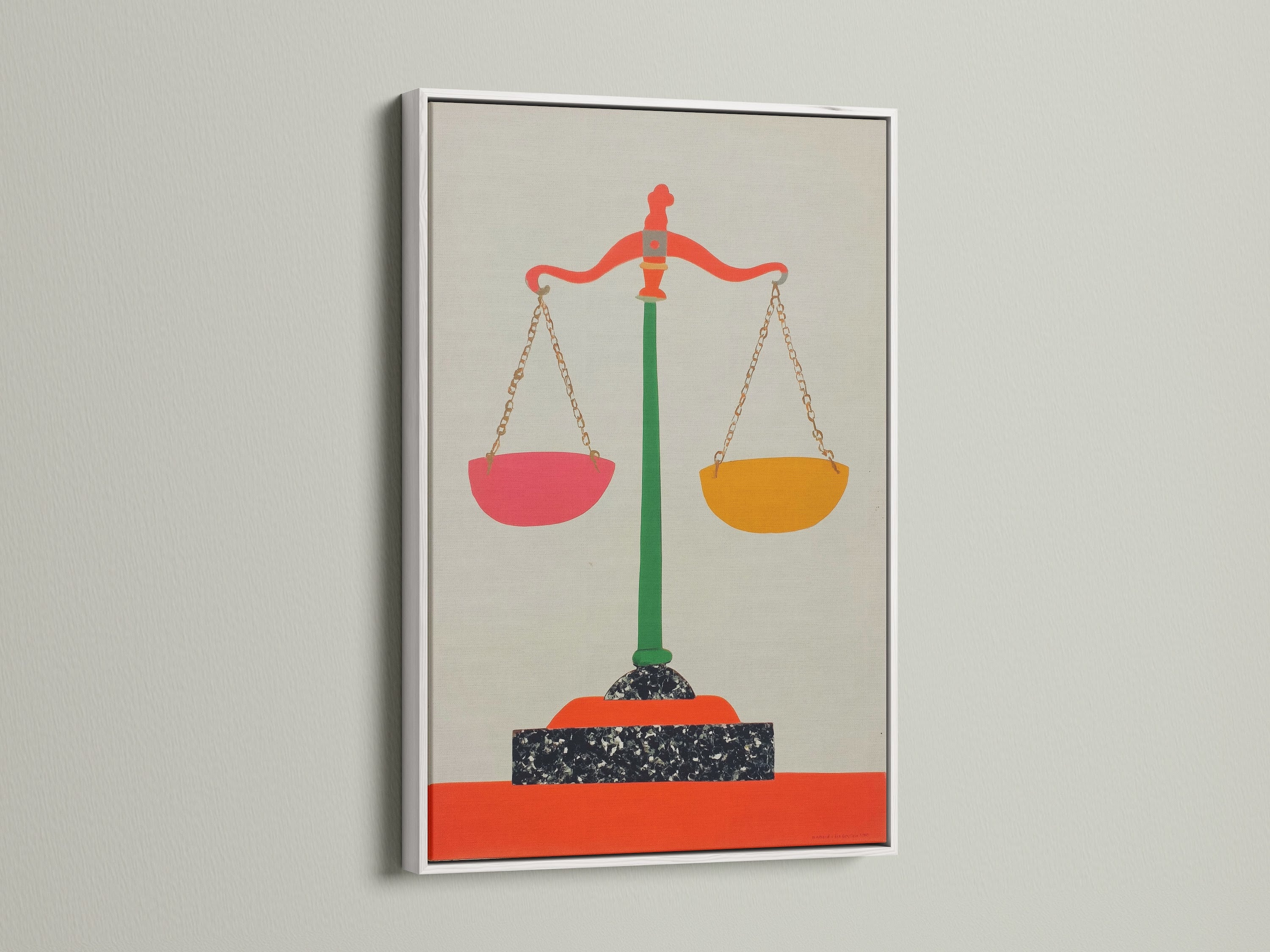 Justice Scales art in a white frame. The white frame creates a clean and modern look. This legal wall art is perfect for an attorney's study room. It adds a touch of sophistication to any space.