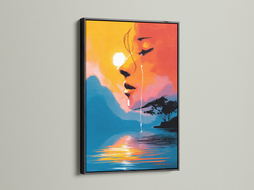 Modern wall art featuring surreal portrait art in a black frame. The abstract face artwork includes a sunset lake reflection. Enhance your living room wall art with this contemporary piece.