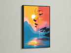 Modern wall art featuring surreal portrait art in a black frame. The abstract face artwork includes a sunset lake reflection. Enhance your living room wall art with this contemporary piece.