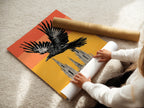 A woman carefully rolling a fine art poster paper of gothic raven artwork. This ensures the safe handling and preservation of gothic wall art. Perfect for homeowners renters and interior designers who appreciate the beauty of black bird art and medieval decor.