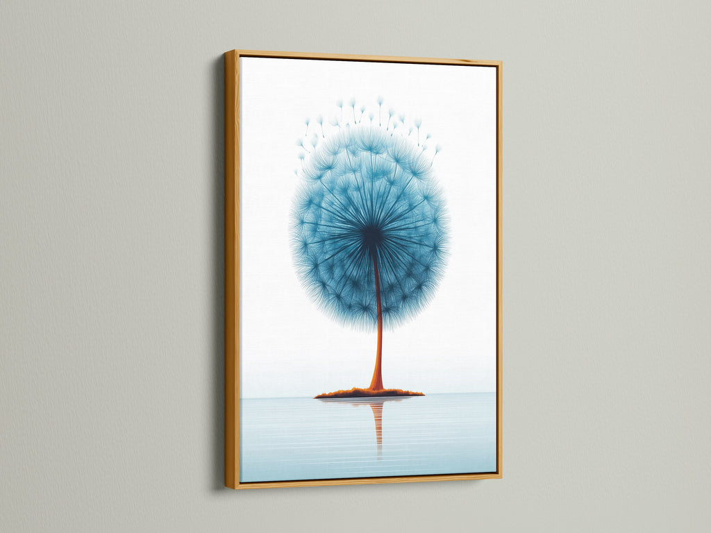 Dandelion teal blue botanical canvas in a gold frame. The gold frame adds elegance to the artwork. Perfect minimalist floral artwork for bedroom decor. A beautiful flower nature print. Blue home decor with scandi style.