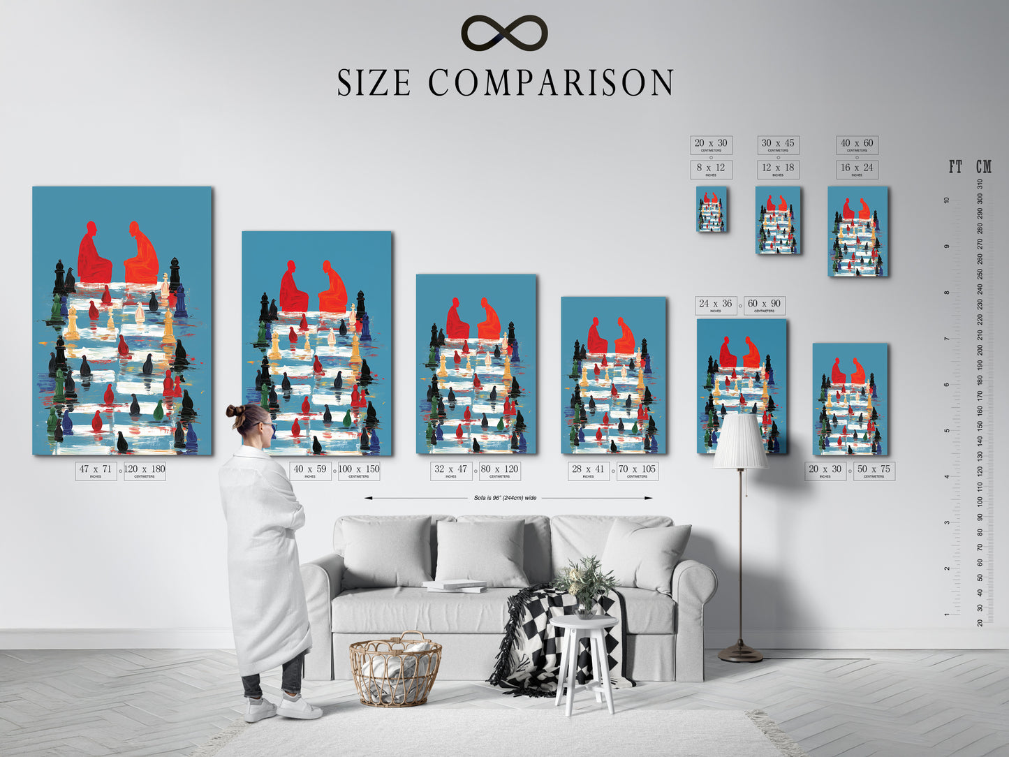 A size comparison chart displayed in an interior setting. See how the abstract chess artwork fits in various spaces. Visualize the perfect size for your office or game room. Plan your decor now.