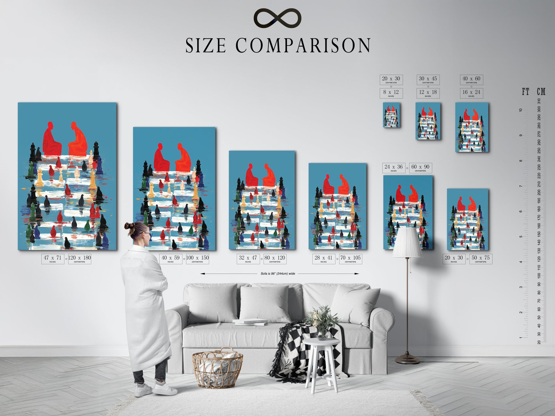 A size comparison chart displayed in an interior setting. See how the abstract chess artwork fits in various spaces. Visualize the perfect size for your office or game room. Plan your decor now.