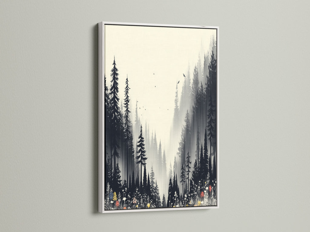 Monochrome forest wall art presented in a white frame. The misty forest scene enhances any room's aesthetic. This nature print adds a touch of elegance. It's perfect for bedroom decor or hallway prints. Explore black and white artwork.