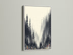 Monochrome forest wall art presented in a white frame. The misty forest scene enhances any room's aesthetic. This nature print adds a touch of elegance. It's perfect for bedroom decor or hallway prints. Explore black and white artwork.