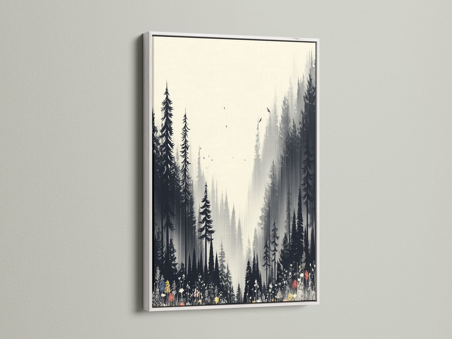 Monochrome forest wall art presented in a white frame. The misty forest scene enhances any room's aesthetic. This nature print adds a touch of elegance. It's perfect for bedroom decor or hallway prints. Explore black and white artwork.