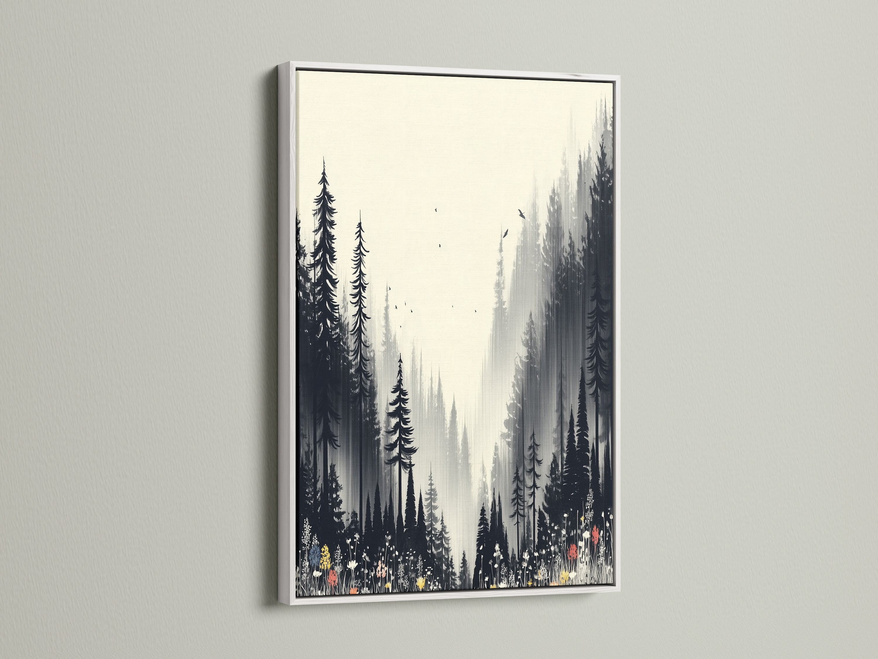 Monochrome forest wall art presented in a white frame. The misty forest scene enhances any room's aesthetic. This nature print adds a touch of elegance. It's perfect for bedroom decor or hallway prints. Explore black and white artwork.