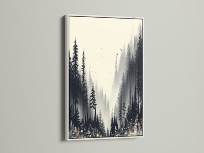 Monochrome forest wall art presented in a white frame. The misty forest scene enhances any room's aesthetic. This nature print adds a touch of elegance. It's perfect for bedroom decor or hallway prints. Explore black and white artwork.