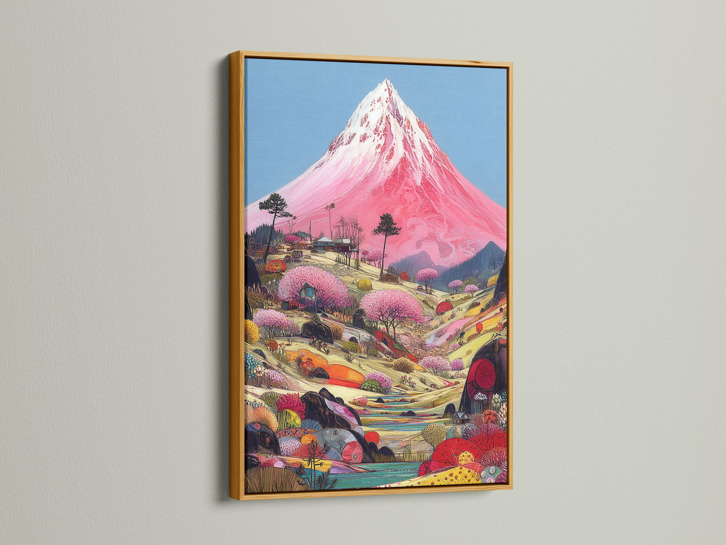 Elevate your Mount Fuji canvas print with a gold frame. This frame adds a luxurious touch to your Japanese wall art. Perfect for making a statement in your lobby or office. The gold frame enhances oriental art.