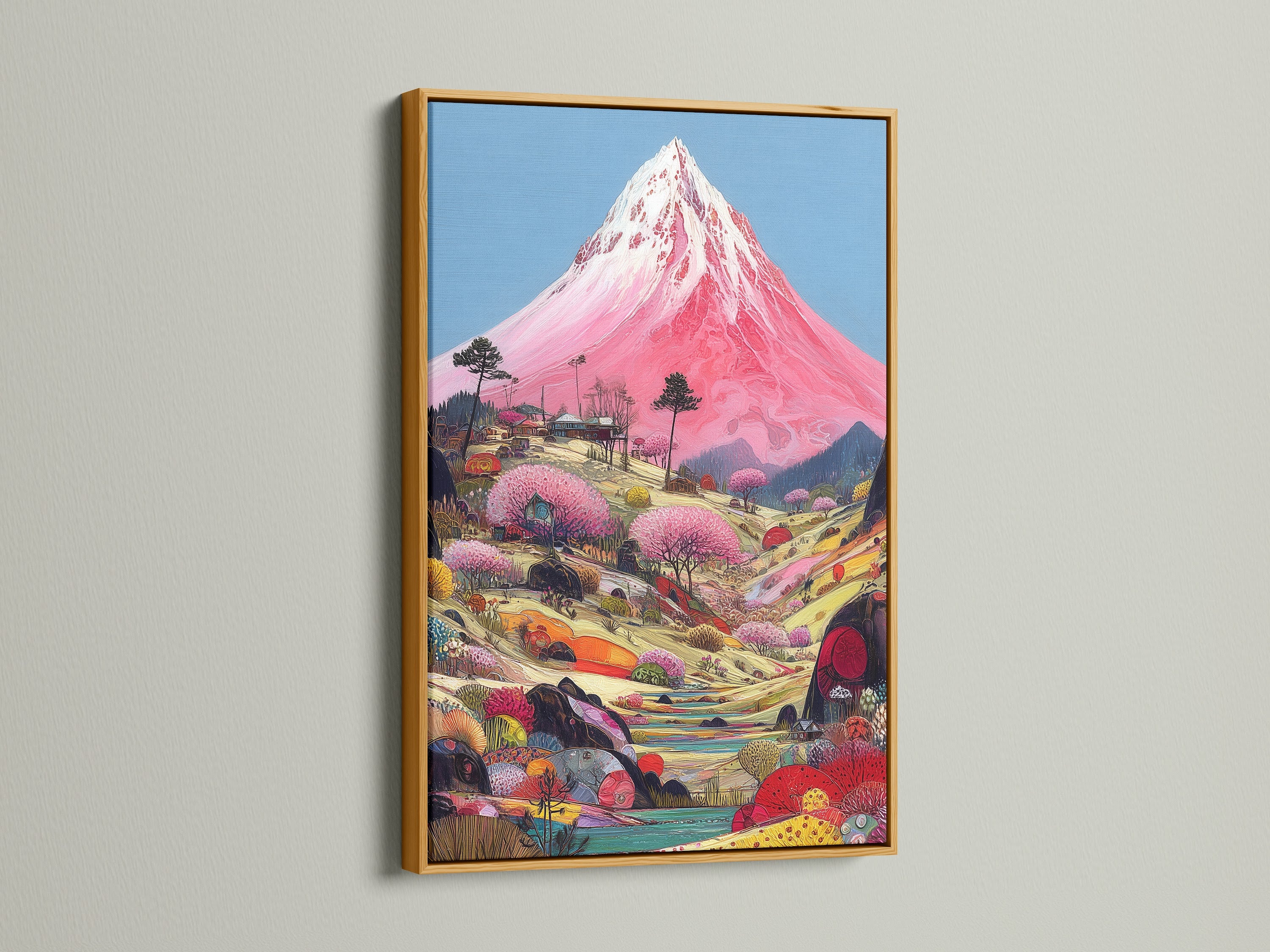 Elevate your Mount Fuji canvas print with a gold frame. This frame adds a luxurious touch to your Japanese wall art. Perfect for making a statement in your lobby or office. The gold frame enhances oriental art.