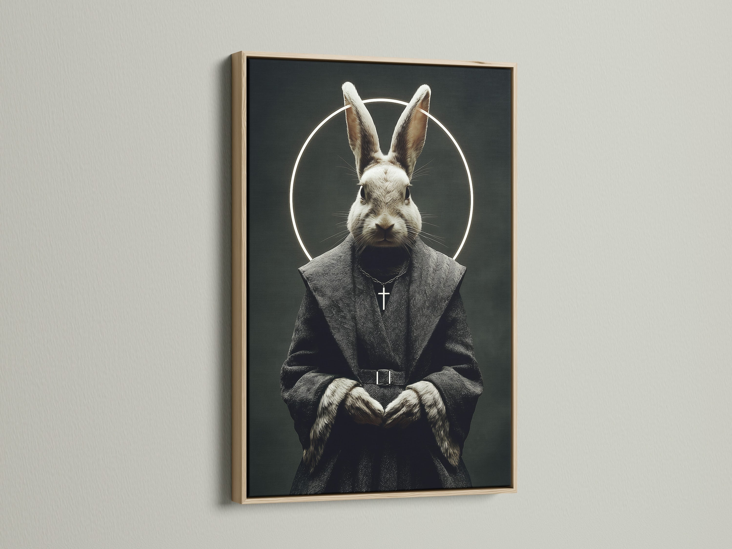 A captivating rabbit monk art print is showcased in an oak frame. The gothic religious wall art adds a unique touch. The dark academia animal portrait enhances office decor. This art is perfect for academics and writers.