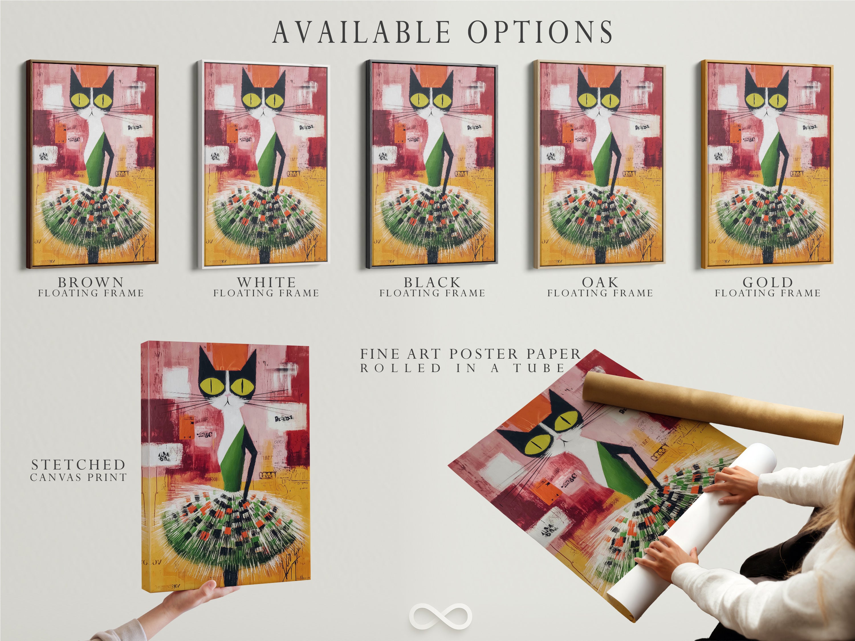 Explore available options for Abstract Cat art. Choose from stretched canvas prints fine art poster paper or floating frames. This colorful animal artwork is perfect for kids' rooms. The modern folk art style adds a unique touch.